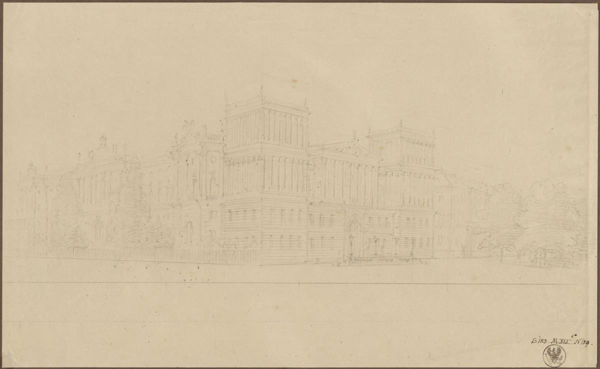 Berlin, Unter den Linden. Palais Prinz Wilhelm. Entwurf mit Ecktürmen. Ansicht mit angrenzender Hofbibliothek am Opernplatz