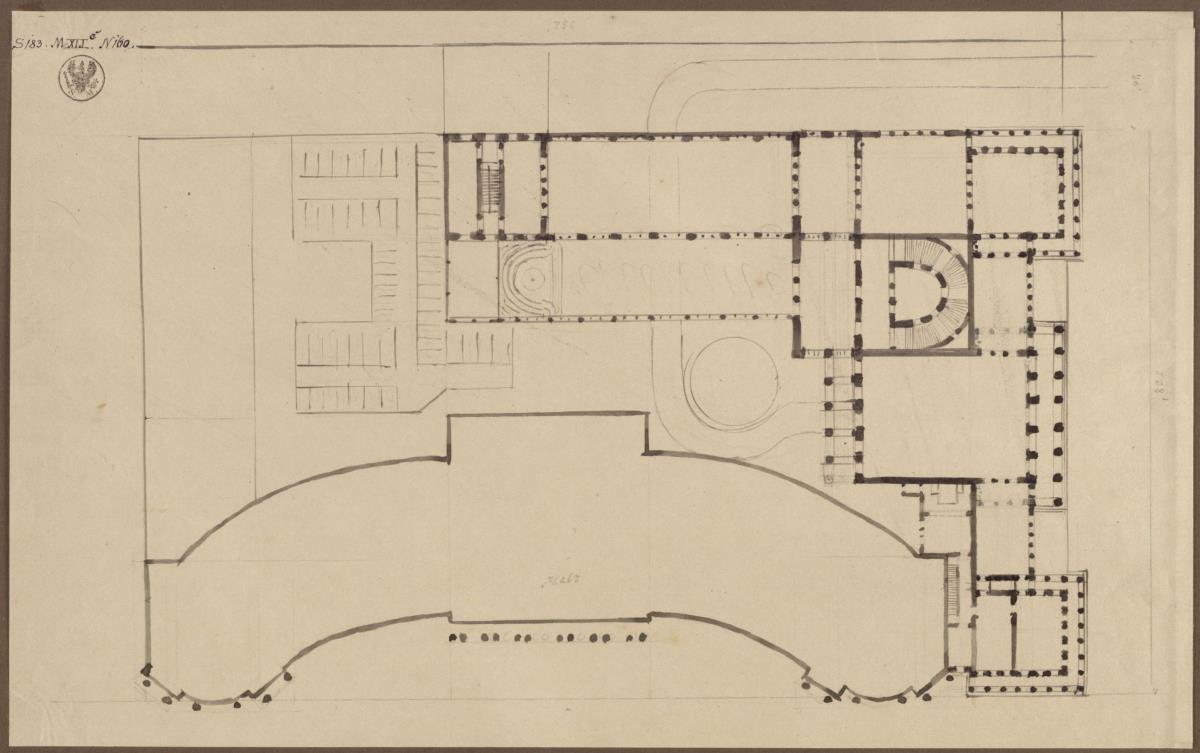 Berlin, Unter den Linden. Palais Prinz Wilhelm. Entwurf mit Ecktümen. Grundriss des Palastes mit angrenzender Hofbibliothek am Opernplatz