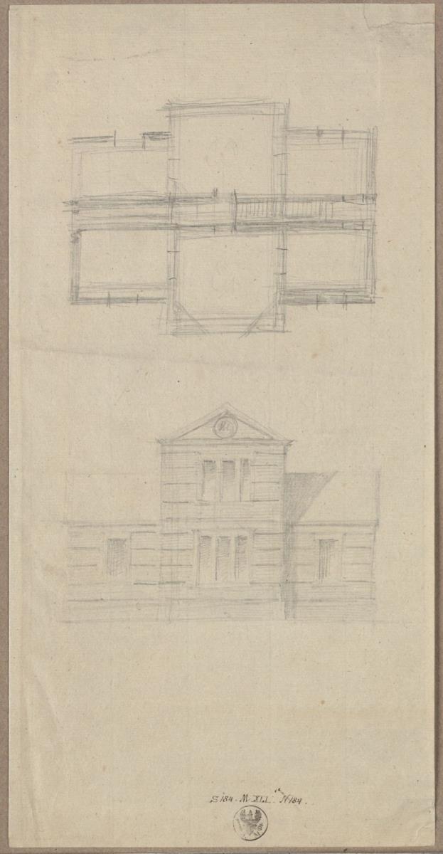 Entwurf zu einem einstöckigen Gebäude mit zweistöckigem Mittelbau