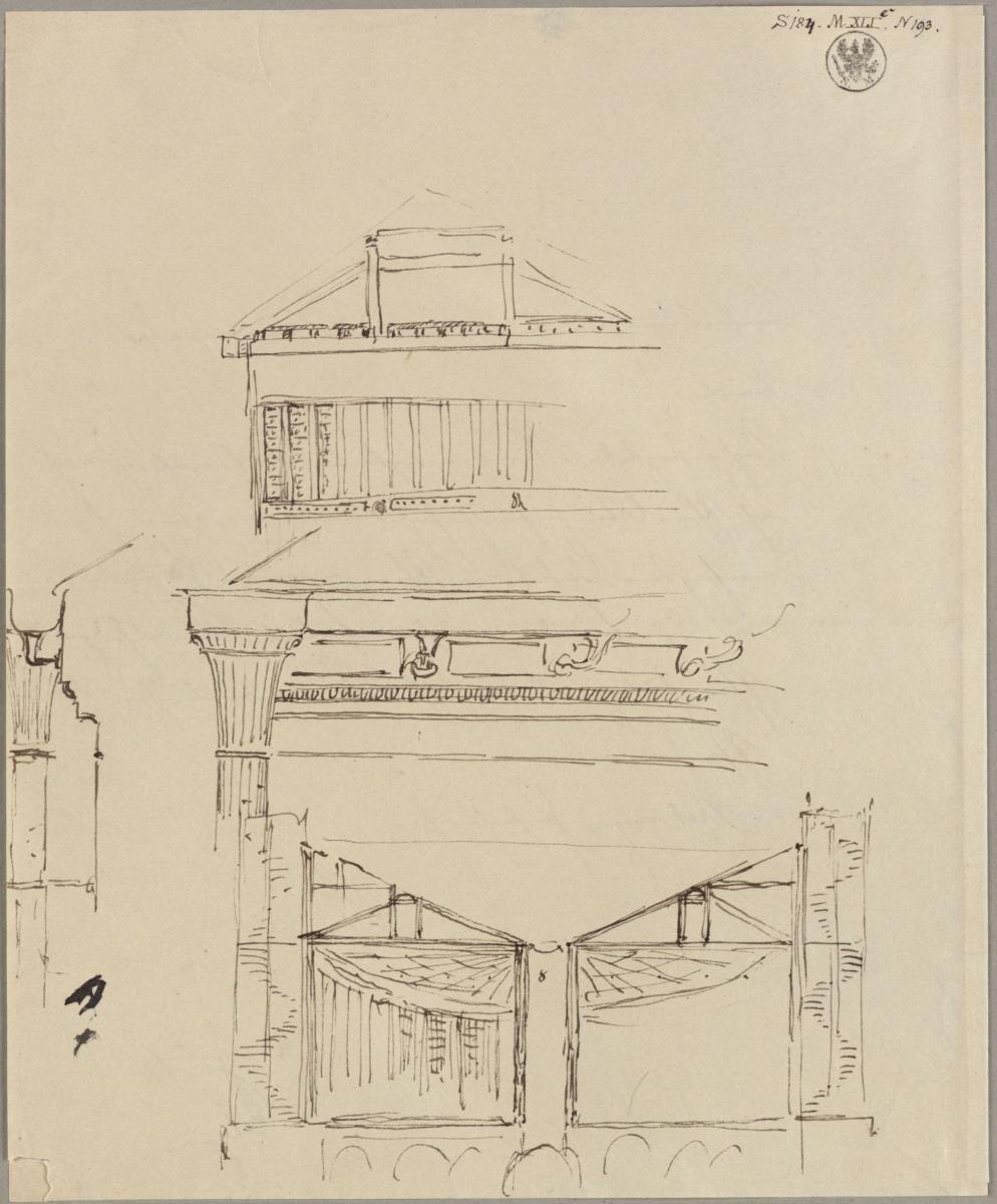 Entwurf zu einem Hauptgesims mit Ecksäulen &  Gebäude mit einem Impluvium und runden Treppentürmen. Querschnitt (Berlin. Neue Wache?) & Undeutbare Darstellungen