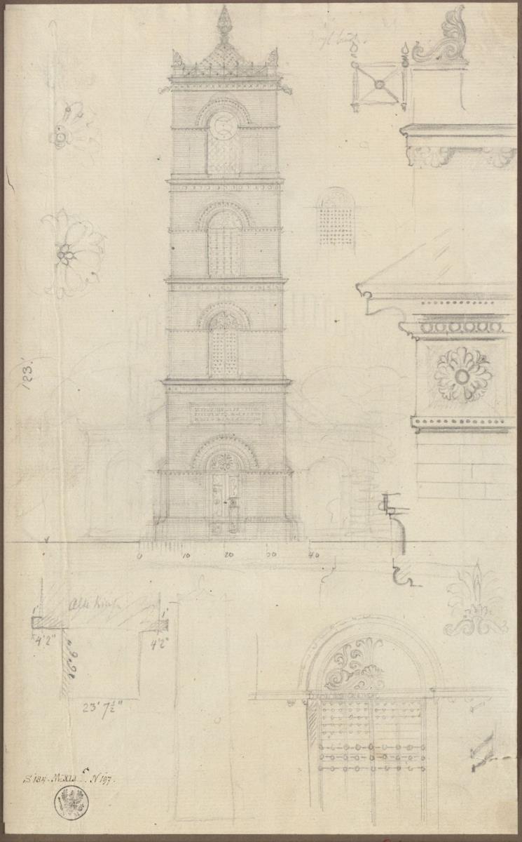 Stralow. Entwurf zur Kirche. Turm und Anderes