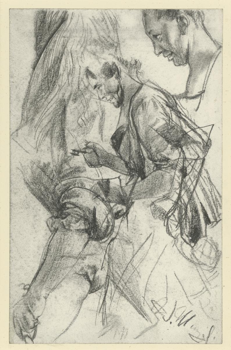Heinrich von Kleist, Der zerbrochene Krug: Weibliche Figur mit Schlüssel in der Rechten. Halbfigur vorgebeugt im Profil nach links nebst Detailstudien: K0pf, Arm, Gewand