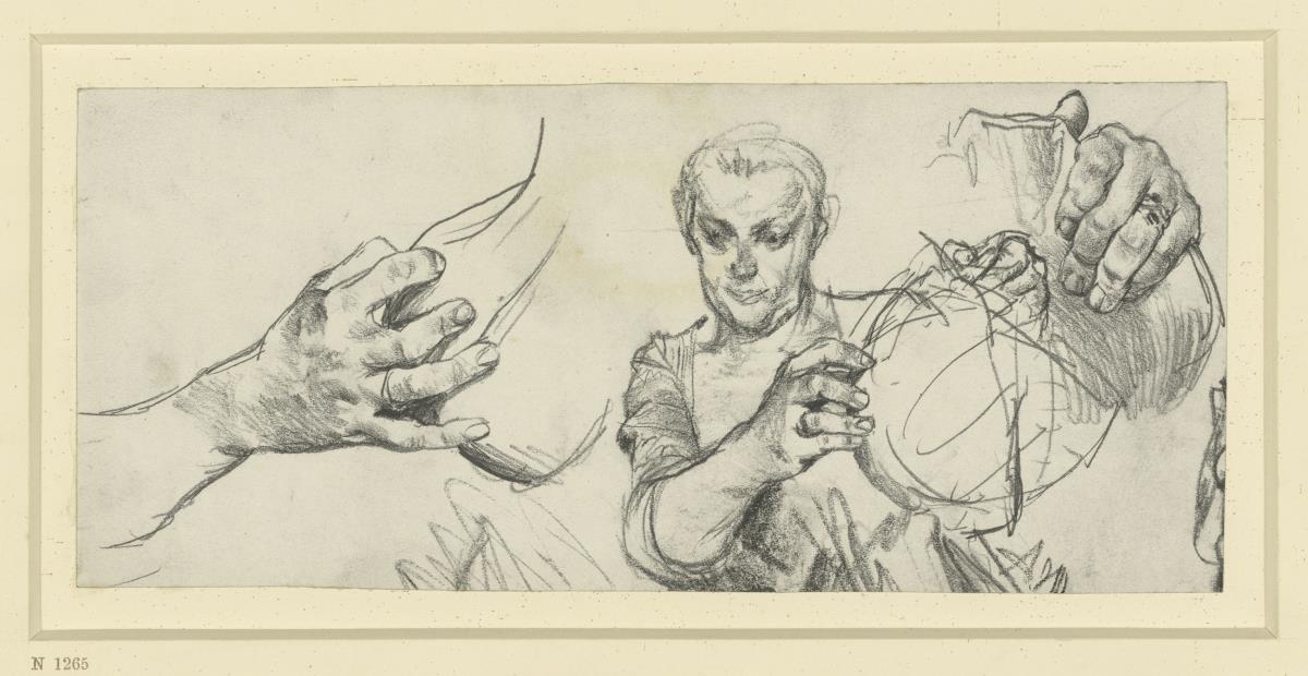 Heinrich von Kleist, Der zerbrochene Krug: Licht hält den Spiegel, mit Details. Weibliche Halbfigur mit zerbrochenem Krug in den Händen, Händestudien