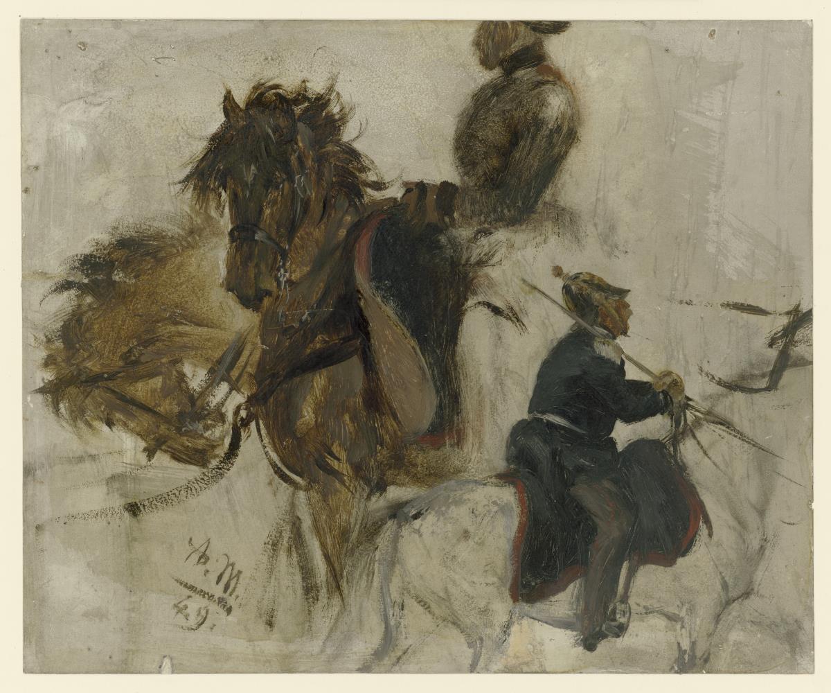 Studie mit reitendem Soldaten und Pferdeköpfen