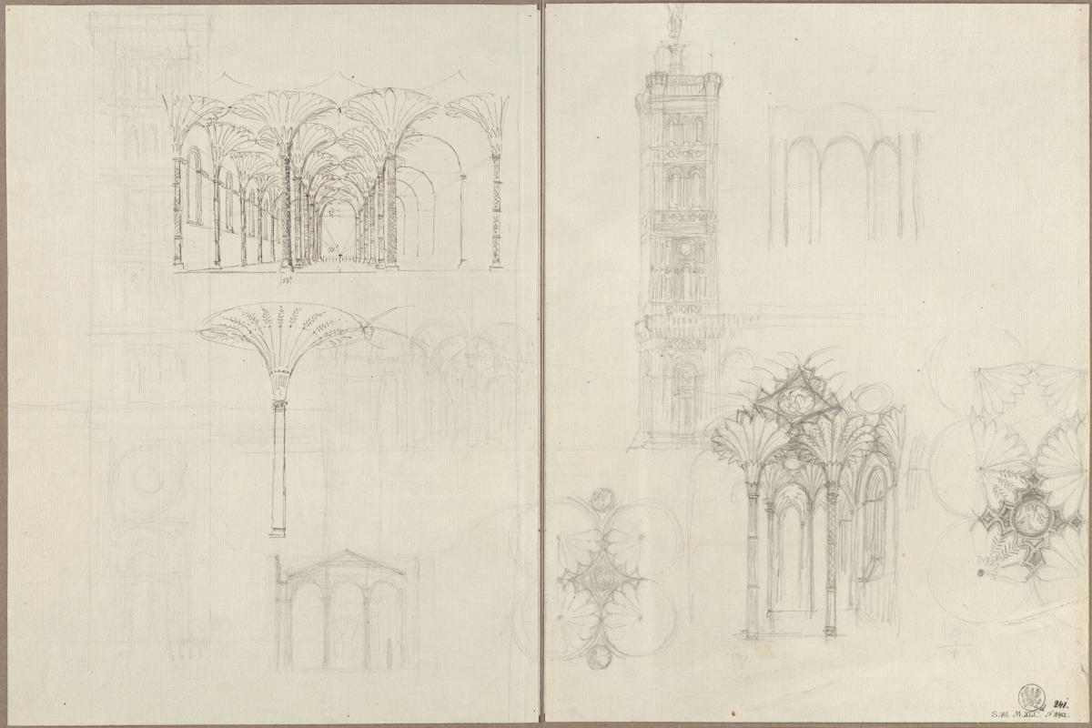 Berlin, Spittelmarkt. Entwurf zur Gertraudenkirche. Studien zum Langhaus als dreischiffige Halle mit Trichtergewölben und zum Turm