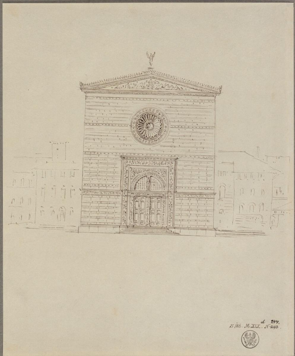 Entwurf zu einer Kirche mit Dreiecksgiebel und Rosettenfenster nach italienischen Anregungen