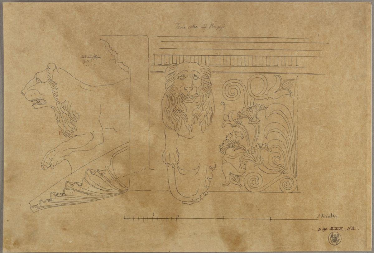 Terracotta aus Pompeji / Entwurf zu einer Sima mit Löwen und Ornament