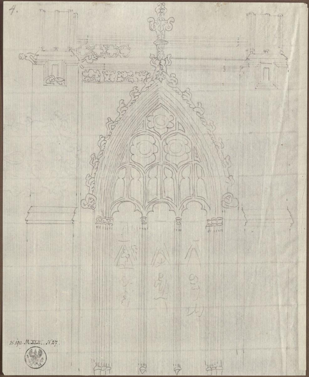 Entwurf zu einem Fenster im gotischen Stil umrahmt von Strebepfeilern