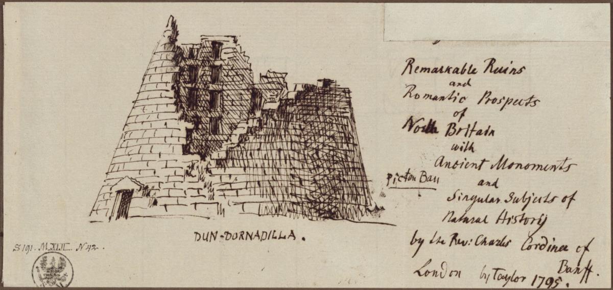 Keltischer Wehrbau in Dun-Dornadillam in Schottland. Nach Stichvorlage von 1795