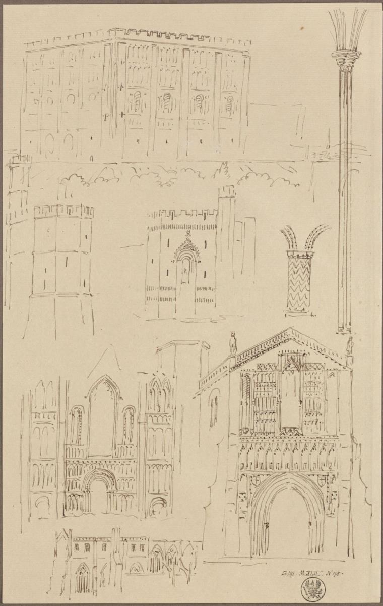 Englische Fabrik, Lady Chapel, Klosterportal, gotische Westfassade eiens Klosters und Detail einer Eisensäule