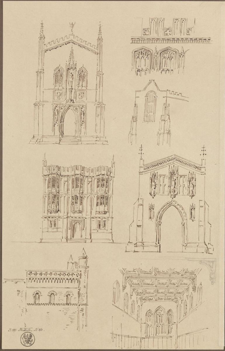 Mittelalterliche Portale, elisabethanisches Haus, Ansicht einer Chapel innen und außen sowie Architekturdetails