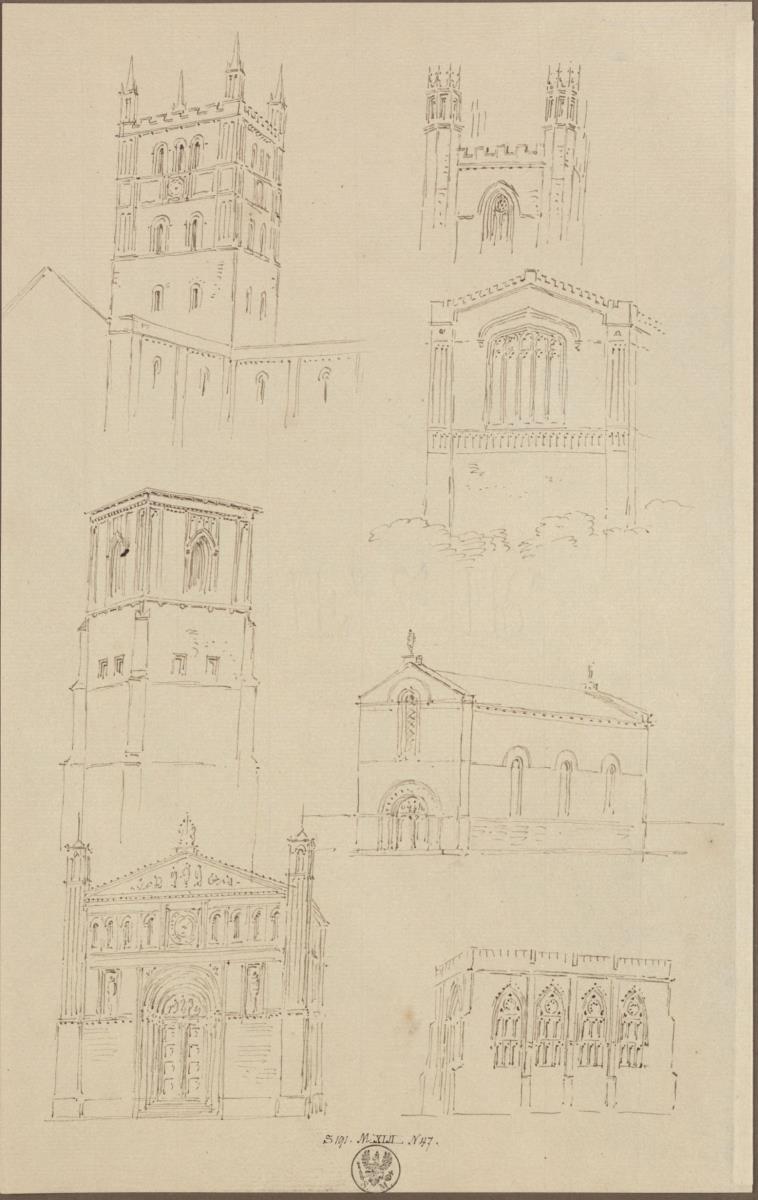Gotische Vierungstürme, Ansicht einer Saalkirche und Ansichten einer Chapel
