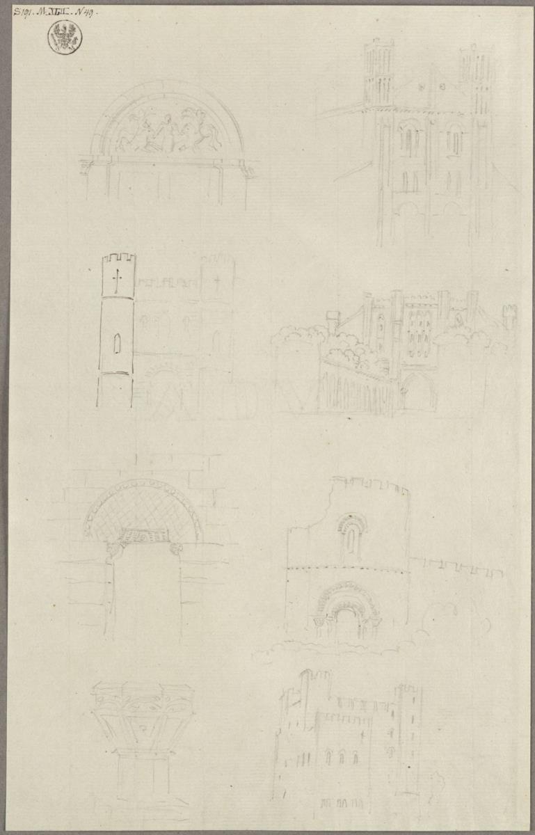 Ansicht eines mittelalterlichen Palastes, zwei romanische Tympana, Rundturm und romanische Kirchenfassade