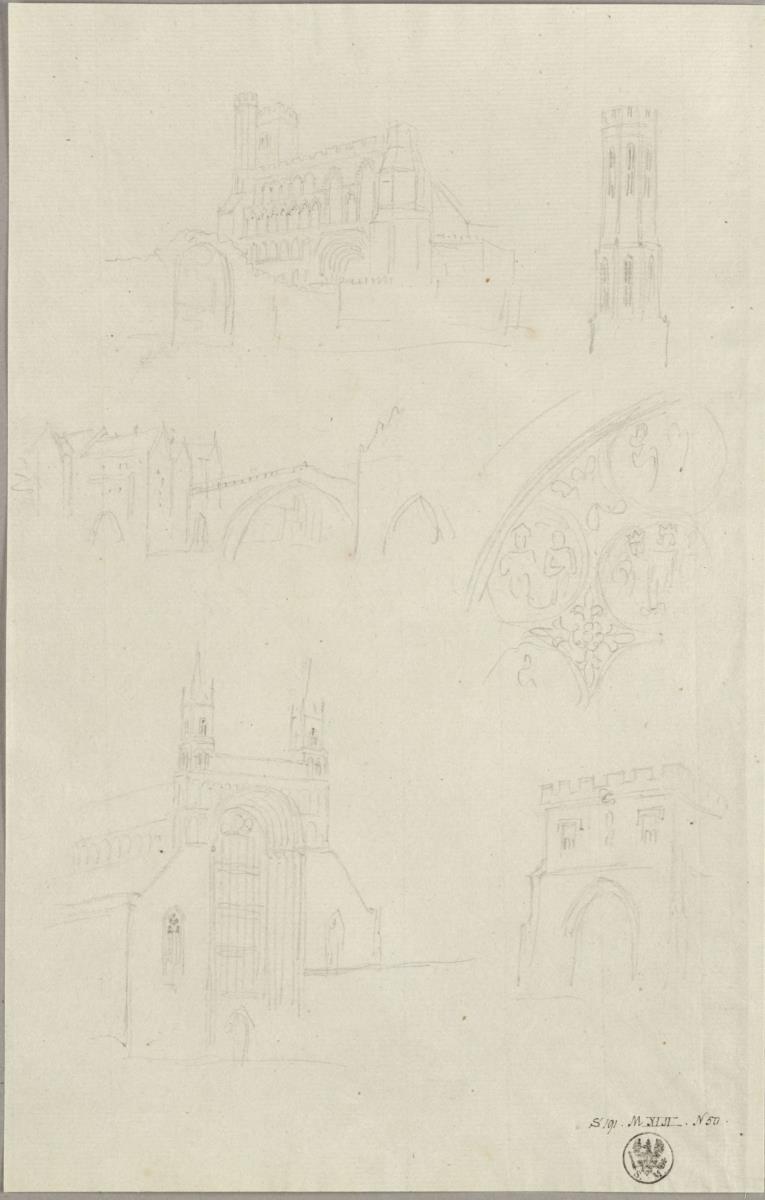 Ansicht der Ruine einer mittelalterlichen Abteikirche, Stadtansicht mit Bogenbrücke, gotisches Tympanon und Kathedralfassade