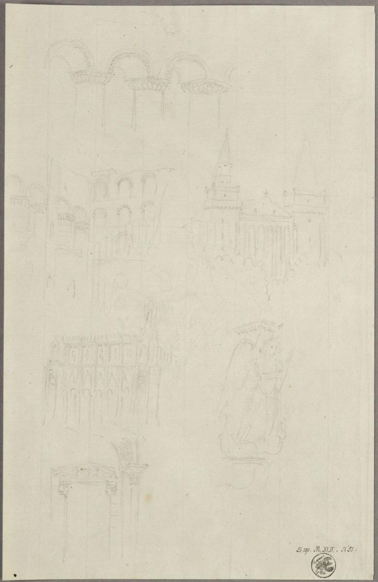 Palastruine mit romanischer Arkatur, Westfassade einer mittelalterlichen Kirche mit Ecktürmen und Lanzettfenstern, figurengeschmückte Kirchenwand, Konsolfigur des St. Michael als Drachentöter und Portal