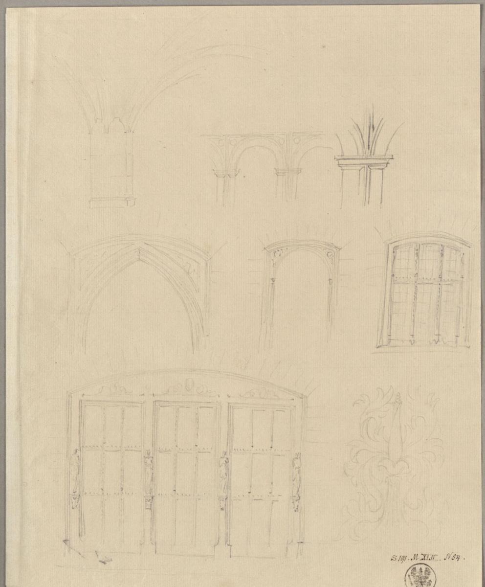 Pfeiler mit Gewölbeansätzen, Rund- und Spitzbogenarkaden, elisabethanische Palastfassade mit Figuren, dreigeteiltes Segementbogenfenster