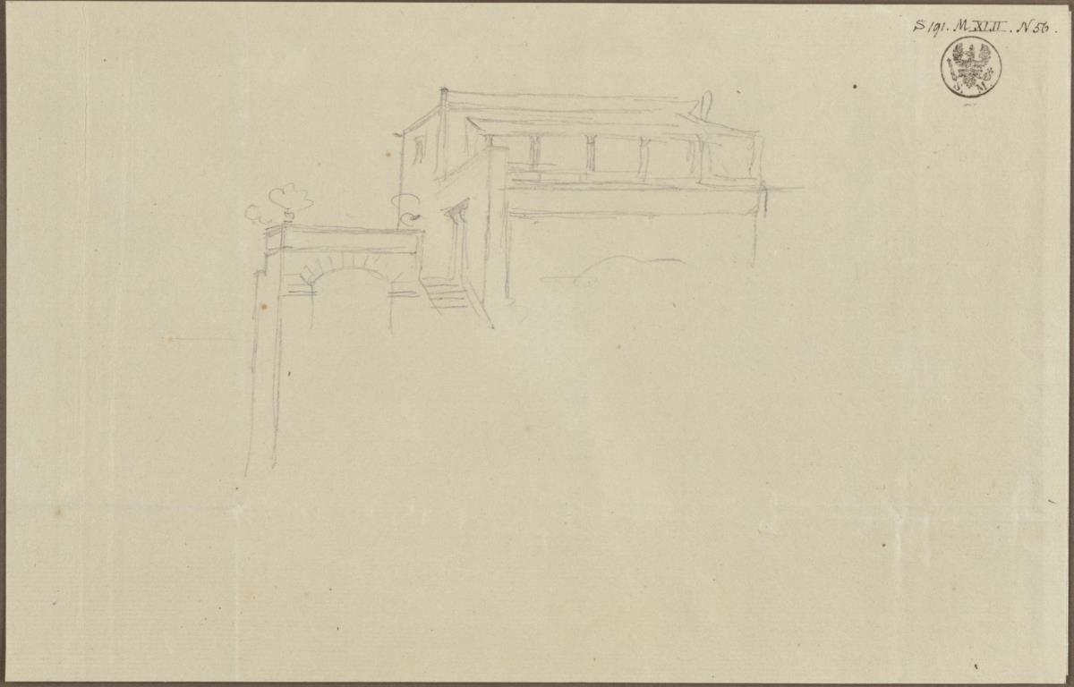Skizze zu einem italienischen Landhaus mit Pergola und Terrasse