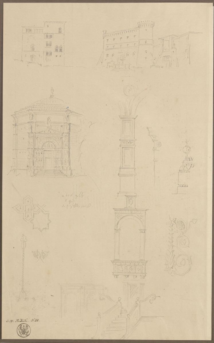 Mittelalterliche Palast- und Burganlage, Ansicht eines oberitlienischen Baptisteriums mit vielen Details, Freitreppe