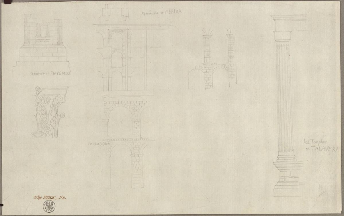 Grabmal, Details der römischen Aquadukte von Merida und Tarragona, Kapitel und römische Säule von Talavera