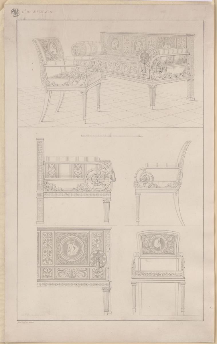 Vorzeichnung für die Vorbilder für Fabrikanten und Handwerker. Teil 2, Abteilung 2, Blatt 14: Entwurf für einen Armlehstuhl und ein Sofa für das Palais des Prinzen Albrecht von Preußen in der Wilhelmstraße 102, Berlin