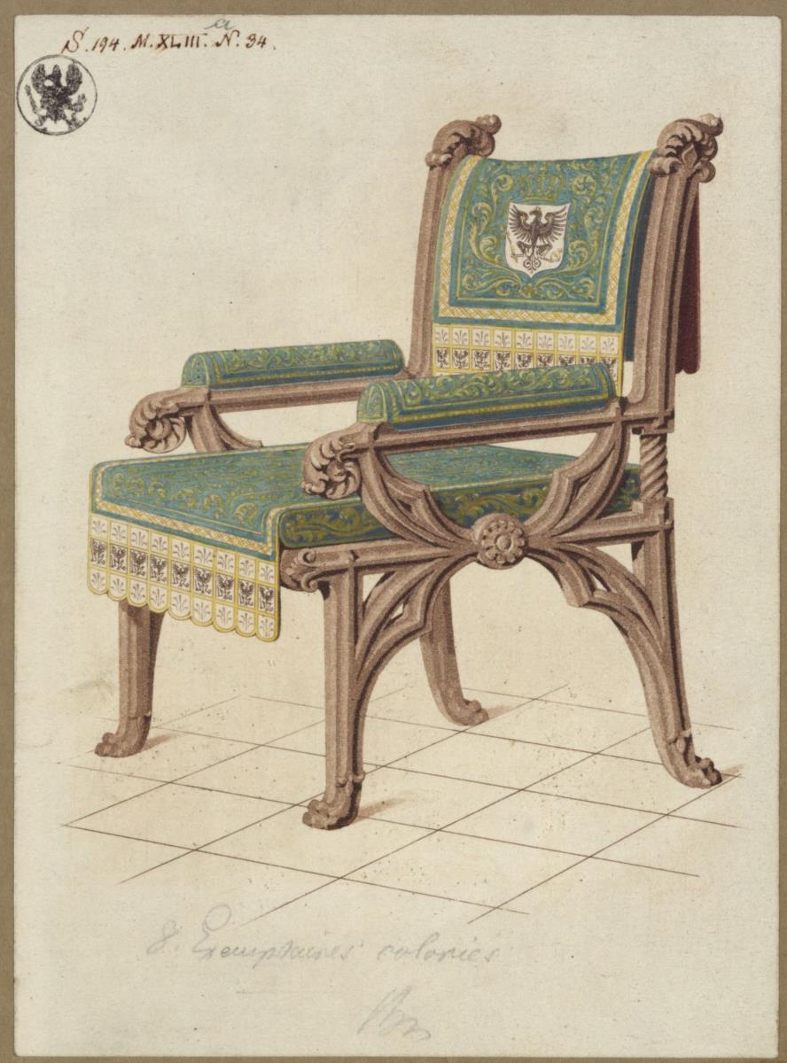 Berlin. Schloss, Wohnung Kronprinz Friedrich Wilhelms IV. von Preußen, Erasmuskapelle. Einrichtung zum Arbeitszimmer des Kronprinzen. Entwurf zu einem Sessel