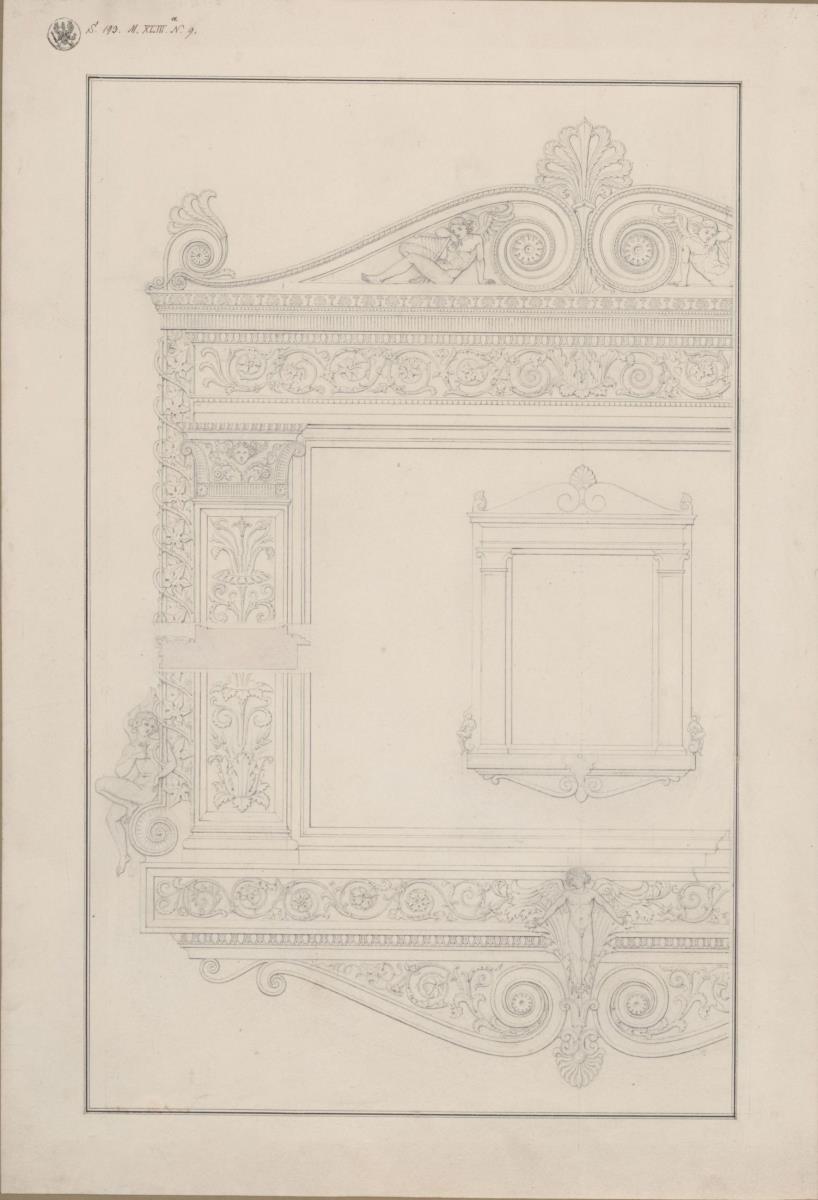 Vorzeichnung für die Vorbilder für Fabrikanten und Handwerker. Teil 2, Abteilung 2, Blatt 11: Entwurf für einen Tabernakelrahmen für die Königliche Gemäldesammlung (Gemäldegalerie) im Königlichen Museum (Altes Museum) in Berlin