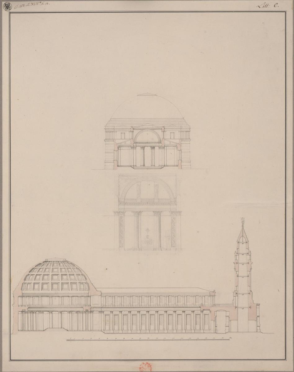 Berlin, Spittelmarkt. Entwurf zur Gertraudenkirche / Entwurf zu einer Kirche mit überkuppeltem Chor und Turm