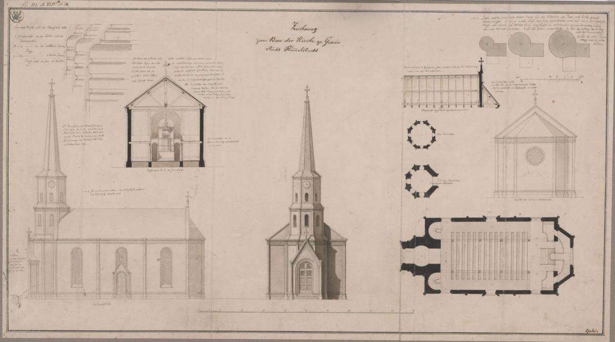 Gennin (Landsberg/Warthe, Brandenburg). Entwurf zum Turm der Dorfkirche. Grundriss, Aufrisse, Querschnitt, Details