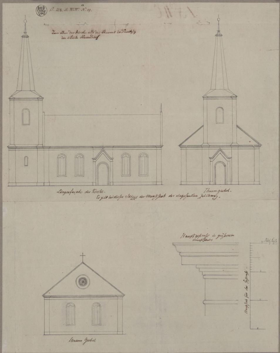 Drenzig (Drzeńsko, Kreis Weststernberg, Ostbrandenburg). Entwurf zum Neubau der Kirche. Aufrisse und Details