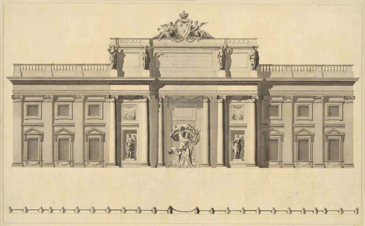 Palastfassade mit Brunnen mit französischem Wappen