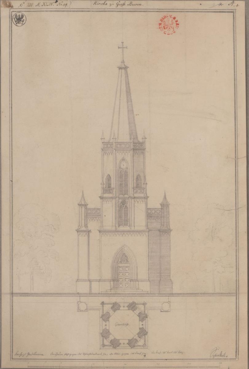 Großbeeren. Entwurf zur Dorfkirche. Aufriss und Grundriss der Turmseite