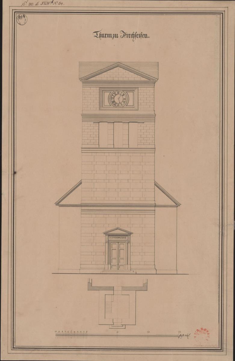 Hellenthal, Kirchseifen. Entwurf zum Neubau des Turms. Ansicht und Grundriss