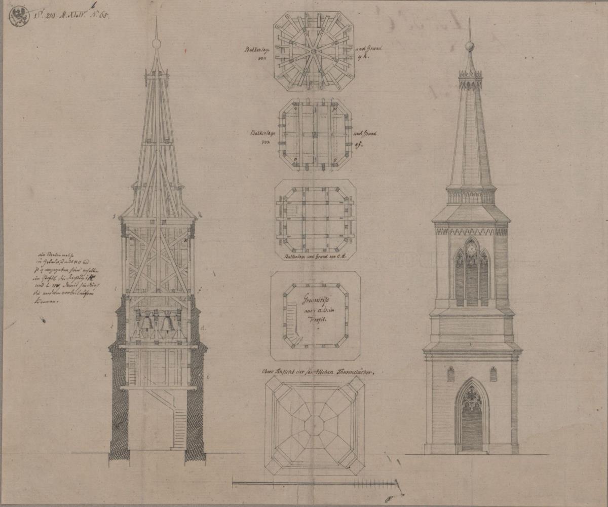 Brietzig (Pommern). Entwurf zum Neubau des Kirchturms. Grundrisse, Querschnitt, Aufriss