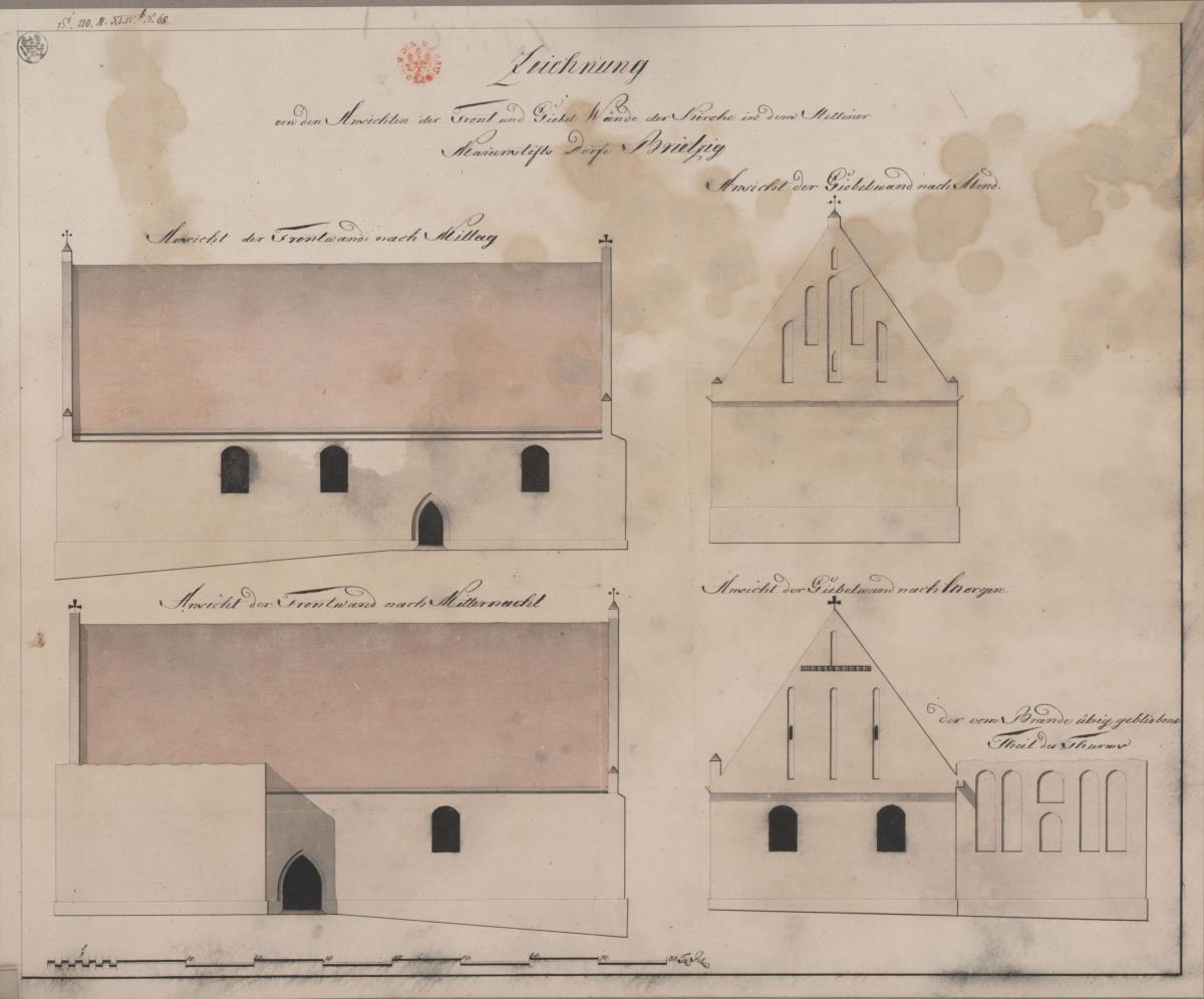 Brietzig (Pommern). Bauaufnahme der mittelalterlichen Kirche ohne Turm. Aufrisse