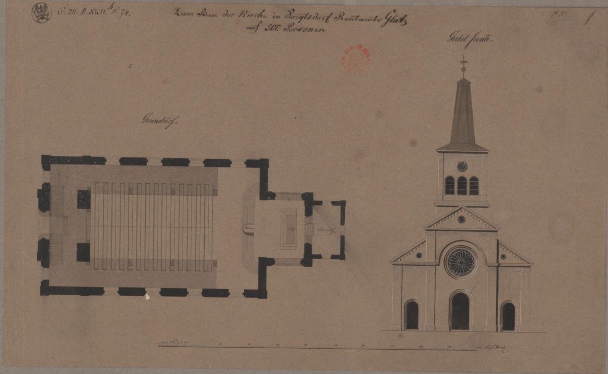 Voigtsdorf (Wójtowice, Schlesien). Entwurf zur katholischen Kirche. Aufriss der Turmseite und Grundriss