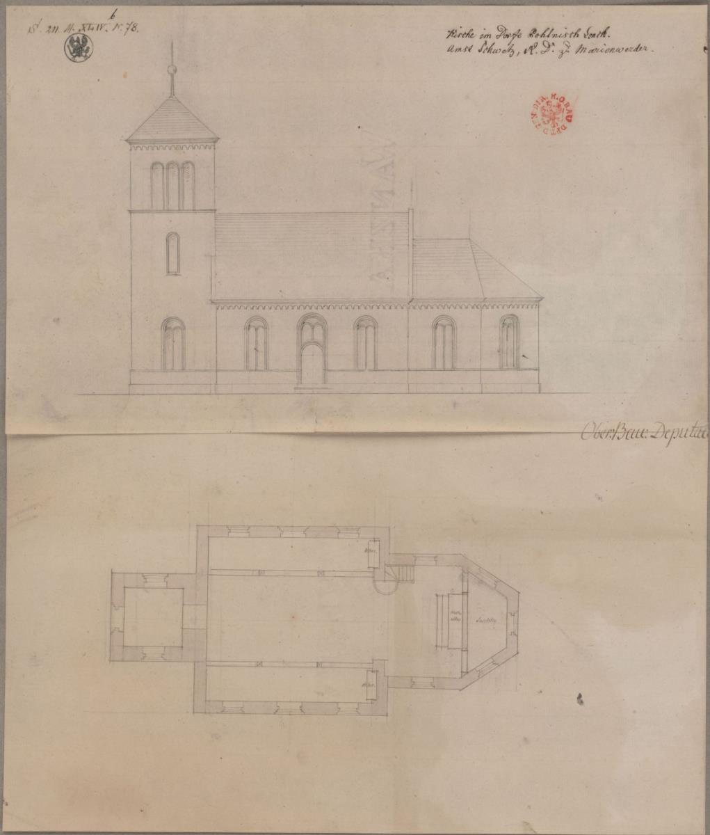 Polnisch Lonk (Polskie Ląki), ehem. Regierungsbezirk Marienwerder, Kreis Schwetz (Woidwodschaft Kujawsko-Pomorskie). Entwurf zur katholischen Kirche. Seitenansicht und Grundriss