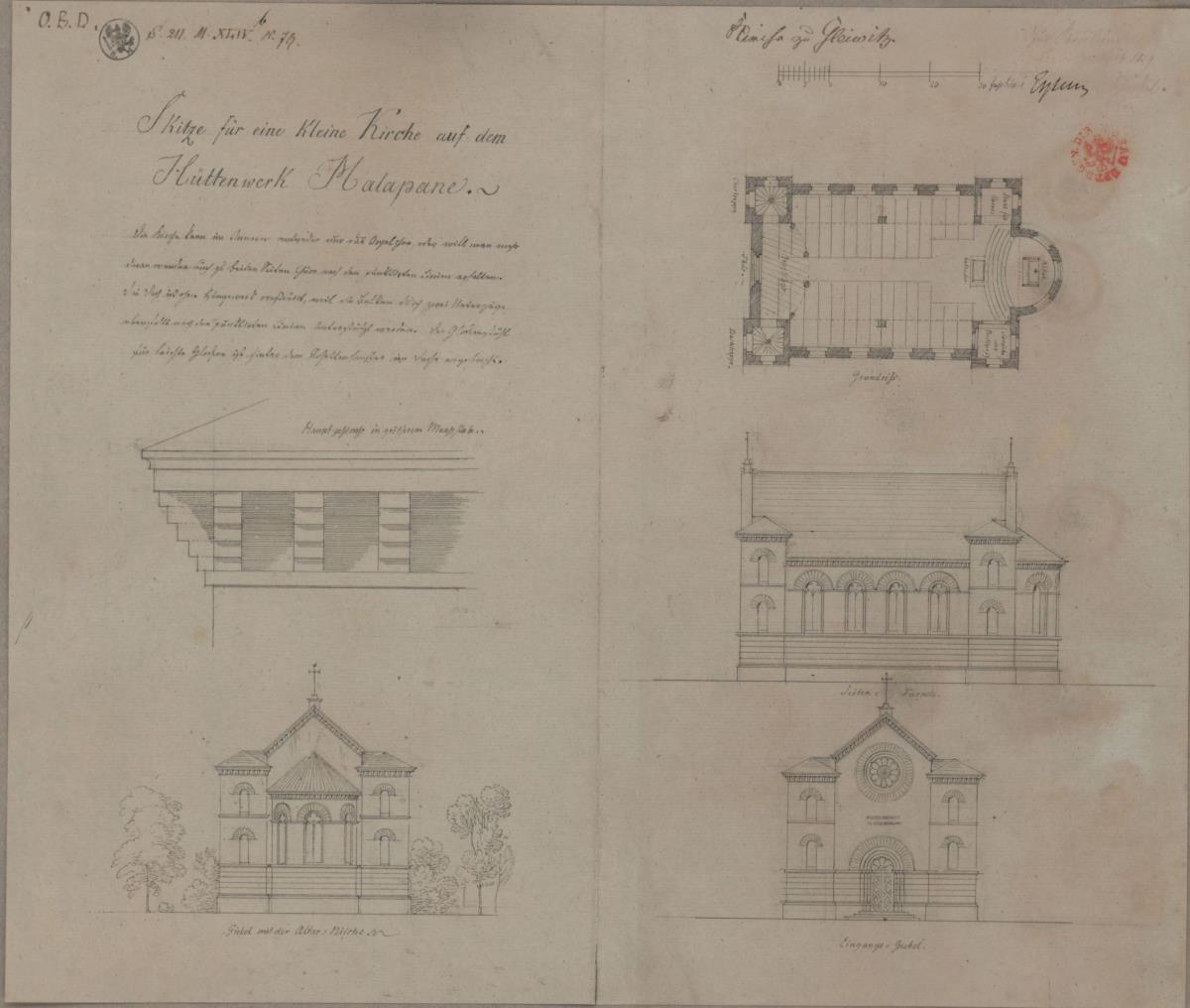 Gleiwitz (Gliwice, Schlesien). Entwurf zu einer Kirche auf dem Hüttenwerk Malapane. Grundriss, Aufrisse, Detail des Hauptgesimses