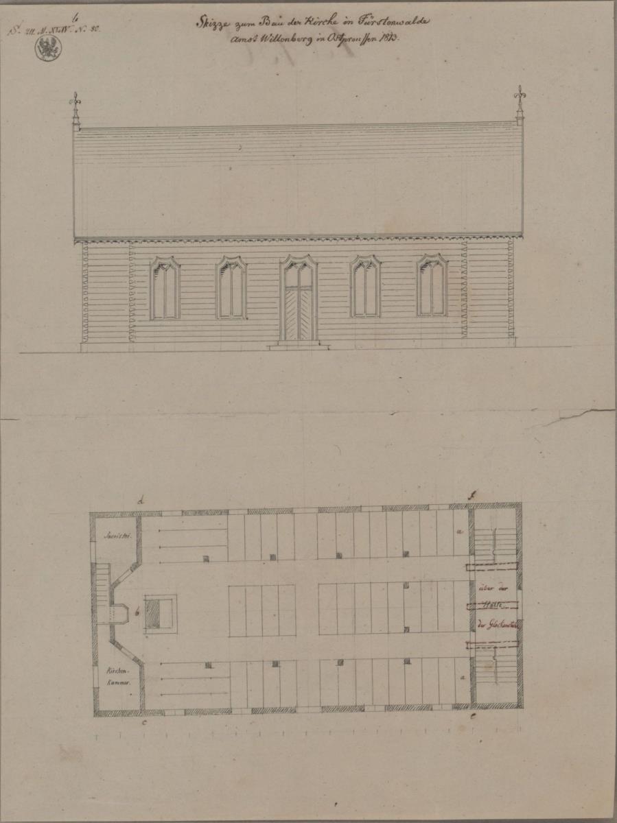 Fürstenwalde (Kięży Lasek), ehemals Kreis Ortelsburg, Regierungsbezirk Gumbinnen (Województwo Warmińsko-Mazurskie). Entwurf zur evangelischen Kirche. Grundriss und Seitenansicht