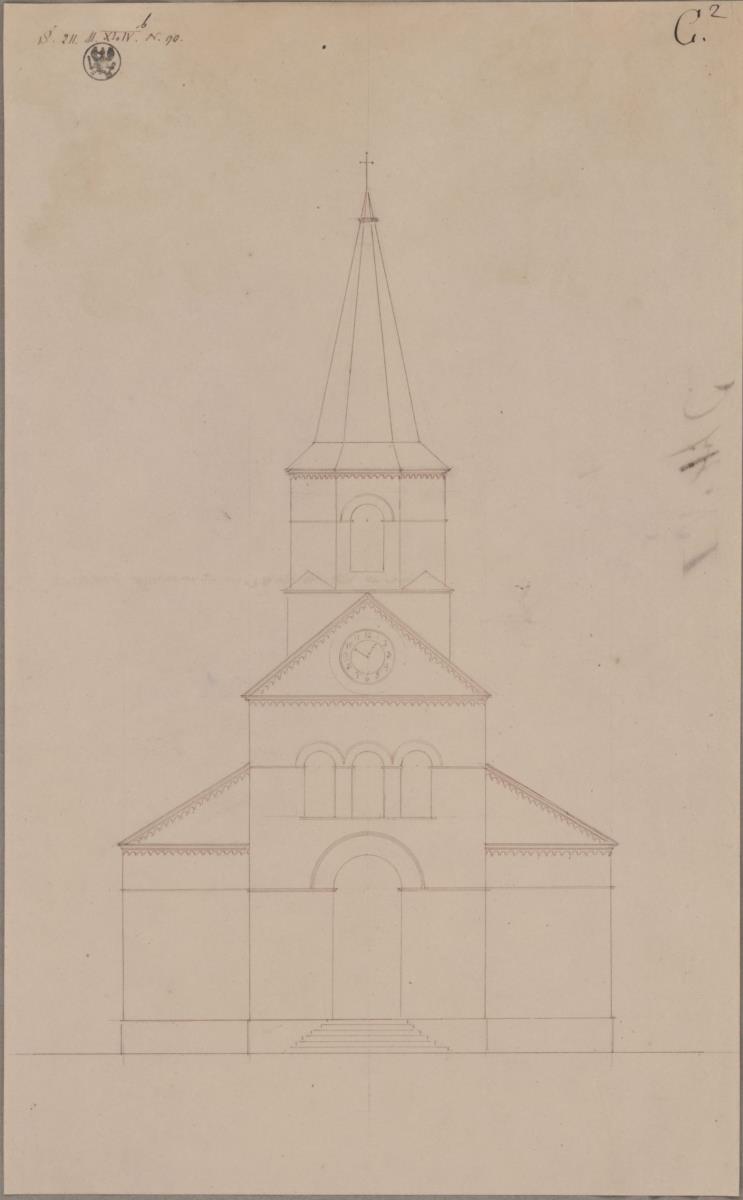 Entwurf zu einer Kirche. Vordere Ansicht mit Turm