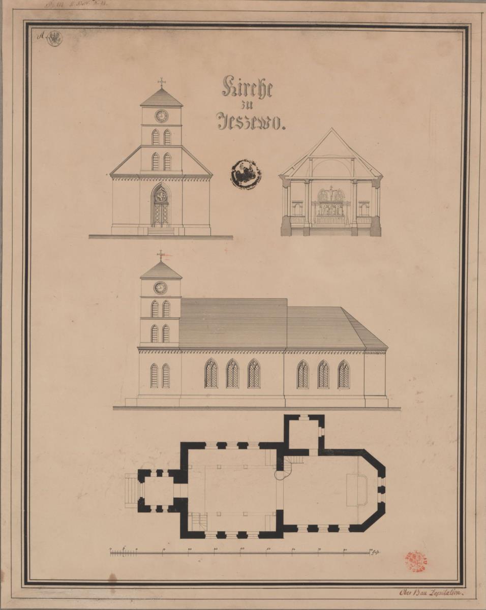 Jeszewo (Jeżewo), ehemals Kreis Schwetz, Regierungsbezirk Marienwerder (Województwo Kujawsko-Pomorskie). Korrekturentwurf zur katholischen Kirche. Grundriss, Ansichten und Profil
