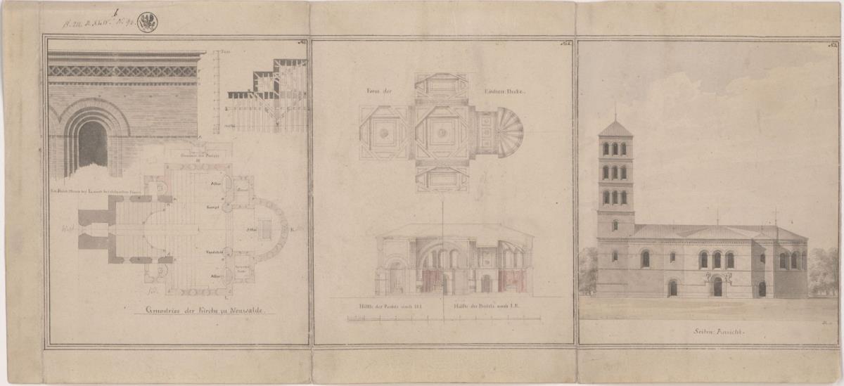 Neuwalde. Entwurf zu einer Kirche. Grundriss, Seitenansicht, Schnitte und Details