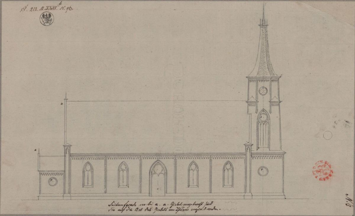 Neutrebbin. Entwurf zur Dorfkirche. Aufriss der Längsseite