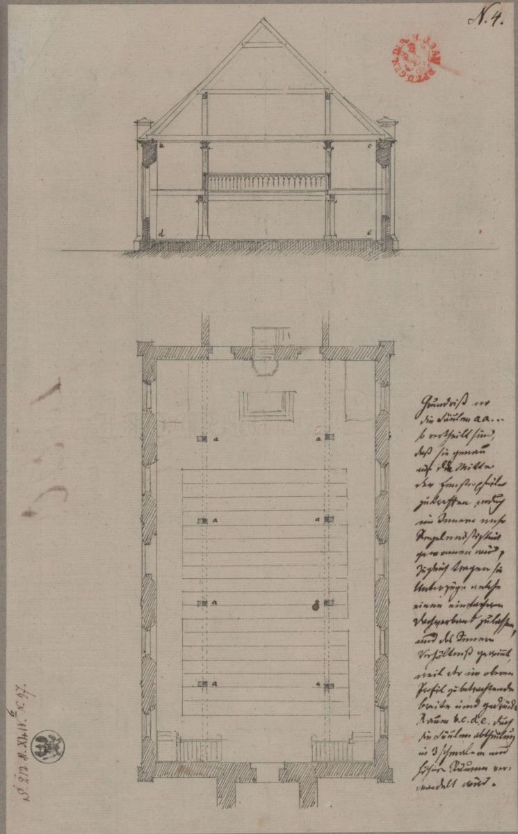Neutrebbin. Entwurf zur Dorfkirche. Grundriss und Querschnitt