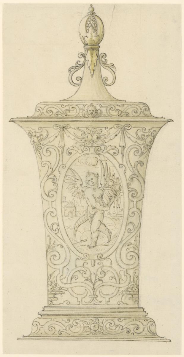 Becher mit Deckel, Gefäßmitte ovaler Rahmen mit Putto, ein Füllhorn haltend