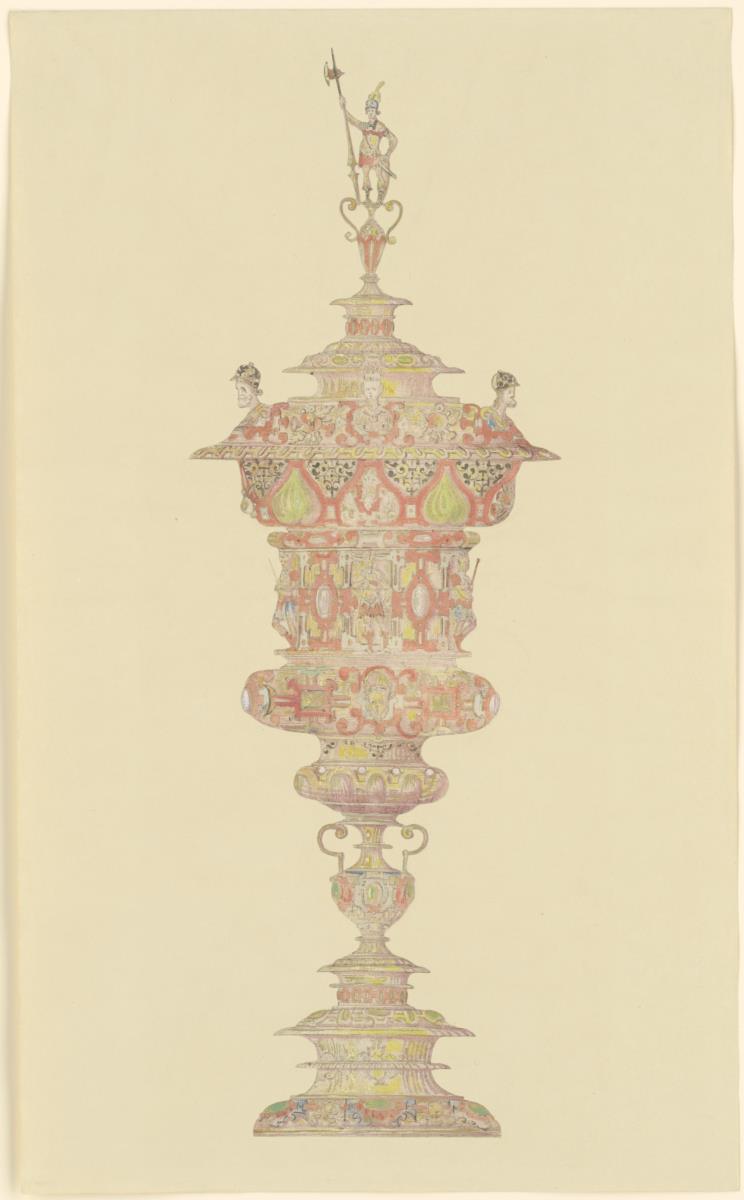 Deckelpokal, farbig bemalt und verziert,  Krieger mit Hellebarde und zwei behelmte Köpfe auf dem Deckel