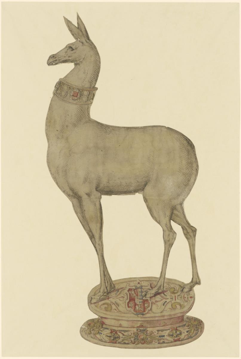 Lama (oder Hirschkuh) als Tafelgerät auf rundem Fußstück
