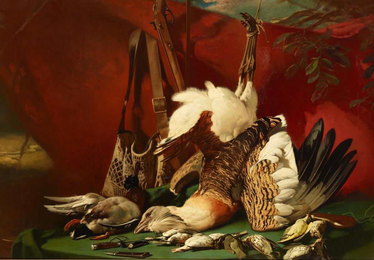 Stilleben. Trappe, Ente und Krammetsvögel