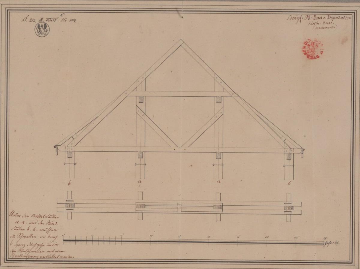 Polnisch Brose (Brzozie), ehem. Kreis Strasburg, Regierungsbezirk Marienwerder (Woidwodschaft Kujawsko-Pomorskie). Korrekturentwurf zur katholischen Kirche. Dachkonstruktion