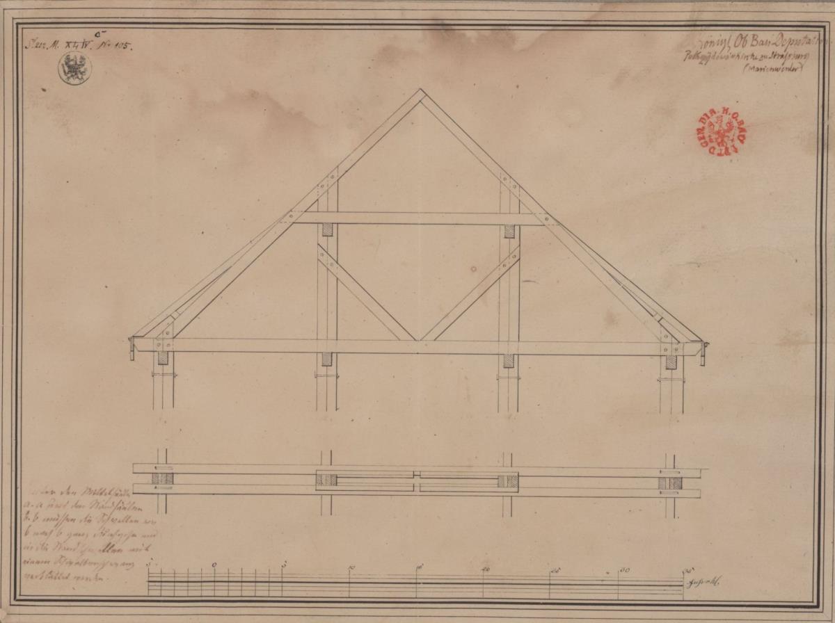 Polnisch Brose (Brzozie), ehem. Kreis Strasburg, Regierungsbezirk Marienwerder (Woidwodschaft Kujawsko-Pomorskie). Korrekturentwurf zur katholischen Kirche. Dachkonstruktion