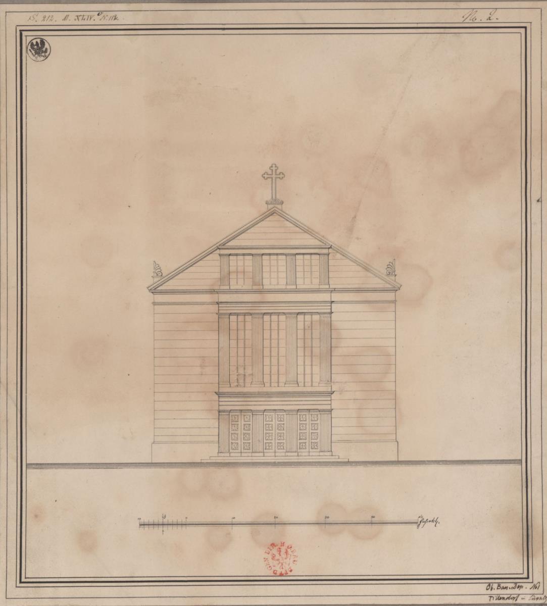 Tillendorf (Bolesławice, Regierungsbezirk Liegnitz). Entwurf zur evangelischen Kirche. Aufriss der Westseite